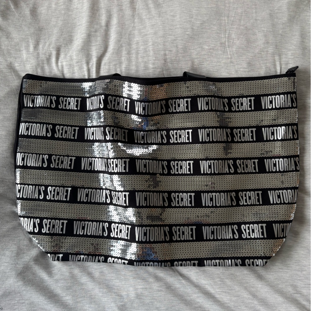 Victoria's Secret Black and Silver Striped Tote Bag